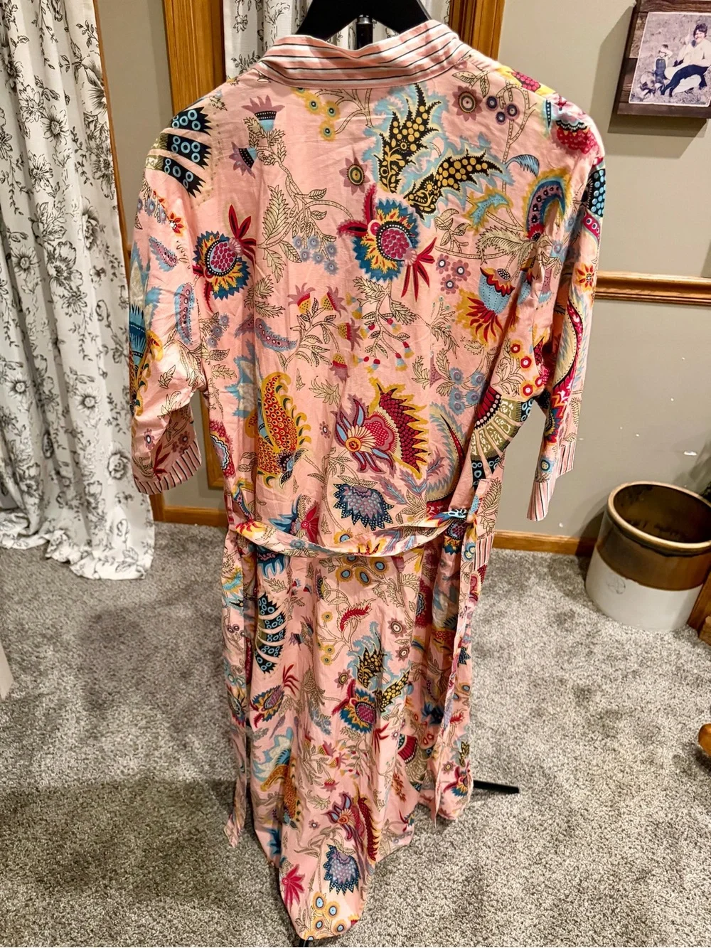 Women's Pink Floral Long Robe Kimono with belt